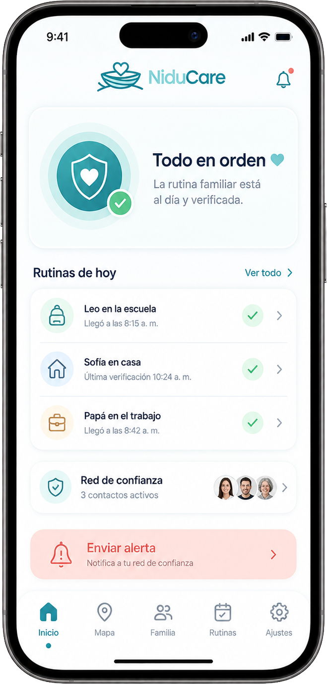 Pantalla de la app NiduCare mostrando el estado de la rutina familiar